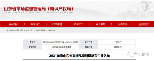 喜訊！華全成功入選2021年度山東省制造業(yè)品牌培育企業(yè)
